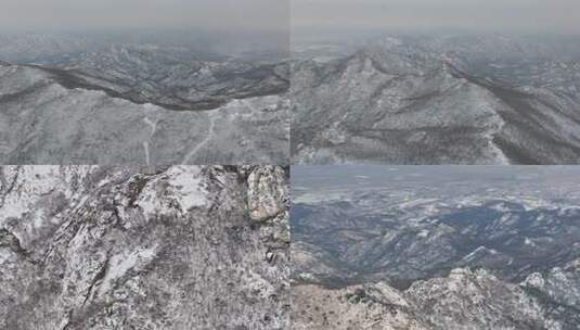 航拍山东烟台昆嵛山泰礡顶冬季雪山景观合集高清在线视频素材下载