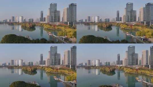 合肥航拍城市天鹅湖冬天景色大景高清在线视频素材下载