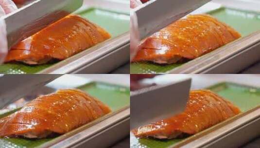 升格实拍美食制作中国美食厨师切一只烤鸭高清在线视频素材下载