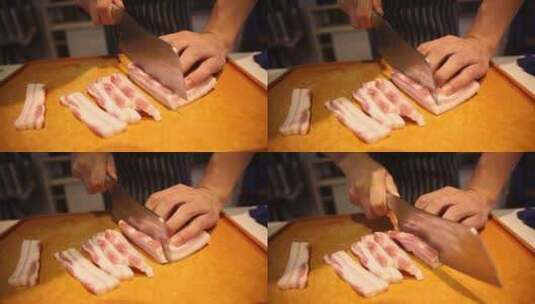 厨师切五花肉片高清在线视频素材下载