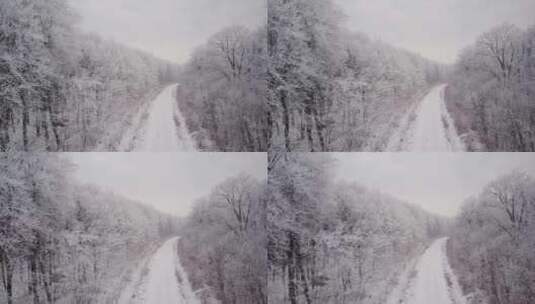 积雪的道路和结冰的森林景观高清在线视频素材下载