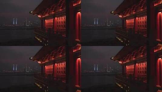 南昌滕王阁楼夜景灯光与赣江对岸的建筑高清在线视频素材下载
