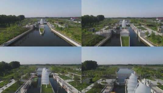 航拍北京通州北运河榆林庄船闸高清在线视频素材下载