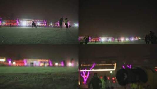 北京什刹海室外冰场夜晚溜冰的人打冰球高清在线视频素材下载