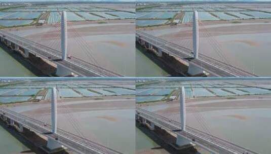 航拍山东文登南海的香水河大桥高清在线视频素材下载