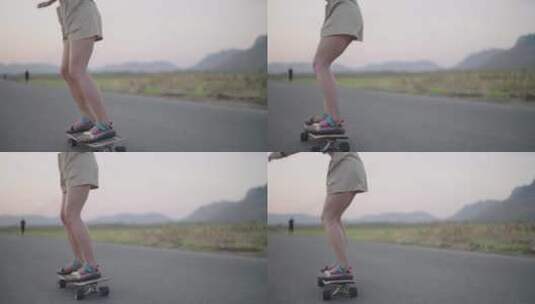 女子街头玩滑板高清在线视频素材下载