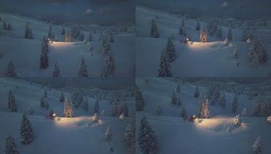 航拍夜幕下的雪山里行驶的汽车高清在线视频素材下载