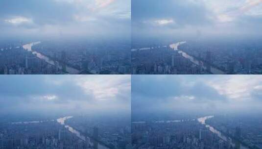 广州珠江岸城市高楼建筑与天空云雾航拍高清在线视频素材下载