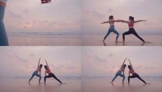 海边双人瑜珈 人与自然高清在线视频素材下载