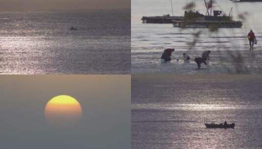 夕阳下的沙滩海岸渔船赶海人合集高清在线视频素材下载