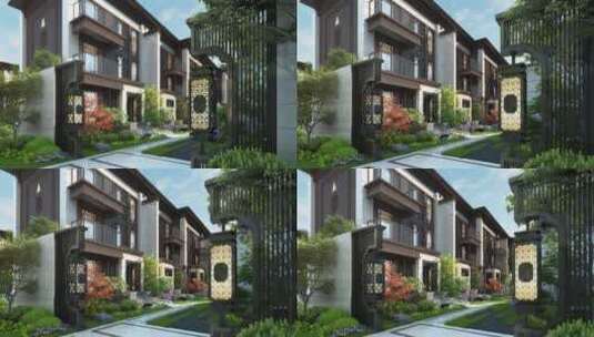 新中式别墅庭院设计三维高清在线视频素材下载