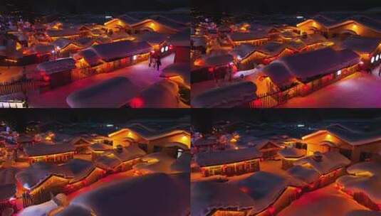 黑龙江雪乡冬季夜景风光航拍高清在线视频素材下载