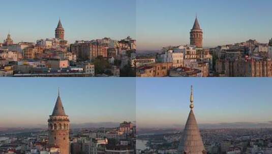 日落中博斯普鲁斯的镜头，中间有加拉塔塔高清在线视频素材下载