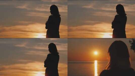 夕阳背影、唯美夕阳、情绪女孩、海边剪影高清在线视频素材下载