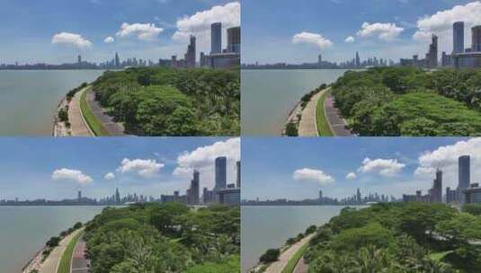 4K深圳湾公园蓝天白云航拍高清在线视频素材下载