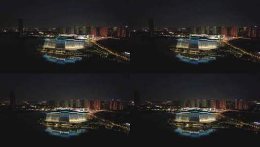 江苏无锡大剧院夜景灯光航拍高清在线视频素材下载