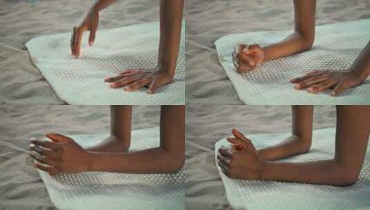 沙子海滨特写女孩手瑜伽垫高清在线视频素材下载