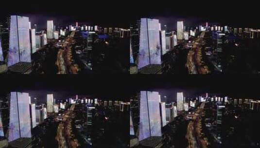 山东济南经十路CBD道路高楼金融圈夜景航拍高清在线视频素材下载