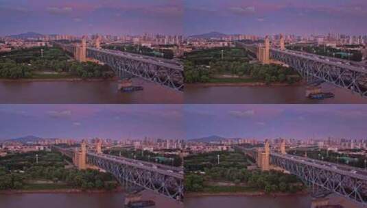 南京长江大桥傍晚夜景航拍高清在线视频素材下载