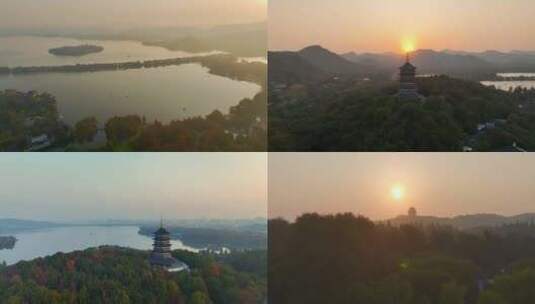 杭州西湖清晨日出航拍高清在线视频素材下载