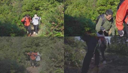 外国男人跟朋友一起徒步登山高清在线视频素材下载