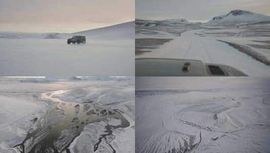 航拍汽车在雪山冰原上行驶河流公路日出极地高清在线视频素材下载