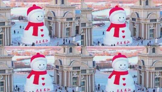 中国黑龙江哈尔滨音乐长廊网红大雪人航拍高清在线视频素材下载
