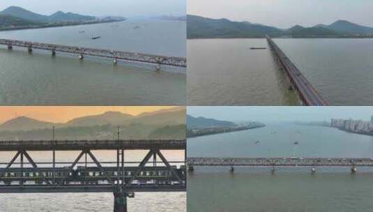 杭州钱塘江大桥多角度运镜航拍合集高清在线视频素材下载