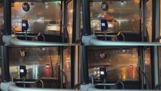 下雨雨天行驶的公交车雨天夜晚坐公交大公共高清在线视频素材下载