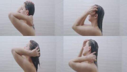 洗澡的女人在头发上擦洗发水高清在线视频素材下载