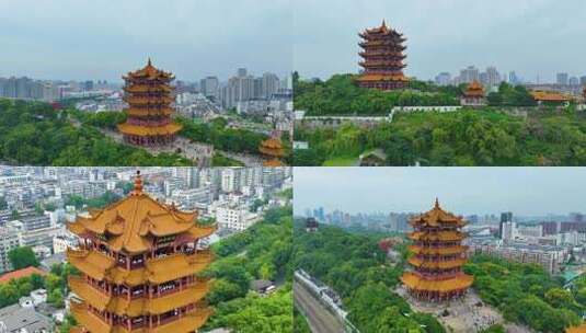 武汉黄鹤楼航拍湖北武昌区地标建筑城市风景高清在线视频素材下载