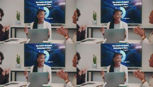 成功，笔记本电脑或妇女在会议上鼓掌庆祝胜高清在线视频素材下载