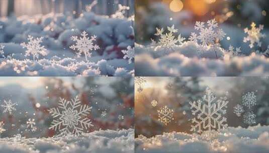 冬天雪花雪景下雪天冰晶雪花特写空镜头唯美高清在线视频素材下载