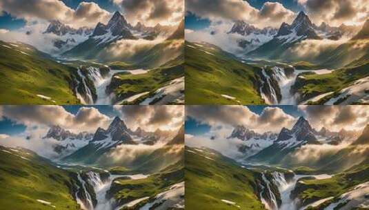 壮美雪山下的山间瀑布风光高清在线视频素材下载