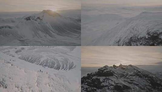 航拍登山者登上冰原雪山看日出高清在线视频素材下载