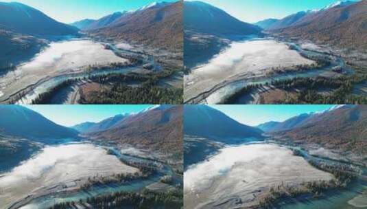 新疆喀纳斯秋季雪景晨雾航拍高清在线视频素材下载