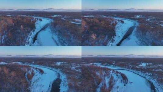 内蒙古自然风光寒冬湿地冰河丛林雪景高清在线视频素材下载
