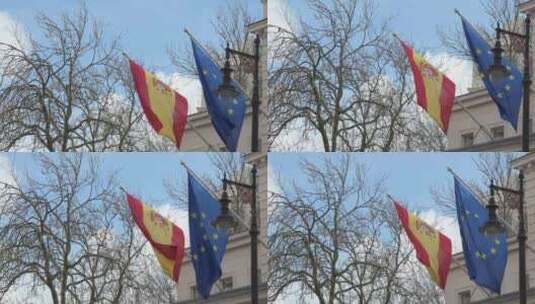 英国伦敦贝尔格莱维亚的西班牙和欧洲旗帜高清在线视频素材下载