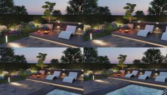 3D渲染。用夜灯美化后院游泳池。高清在线视频素材下载