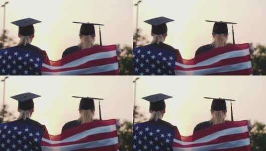 毕业生举起手拿着美国国旗高清在线视频素材下载