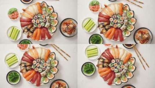 放置在圆形陶瓷板上的各种寿司卷高清在线视频素材下载