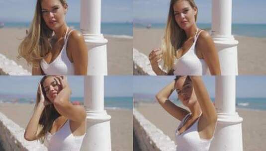 站在海滩上绑头发的美女高清在线视频素材下载
