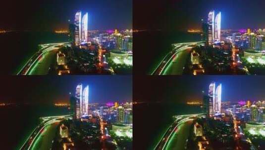 航拍演武大桥世茂海峡双子大厦灯光夜景高清在线视频素材下载