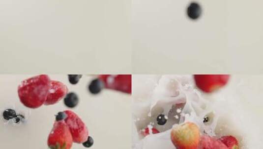 慢镜头拍摄新鲜爆浆水果落入牛奶创意视频高清在线视频素材下载