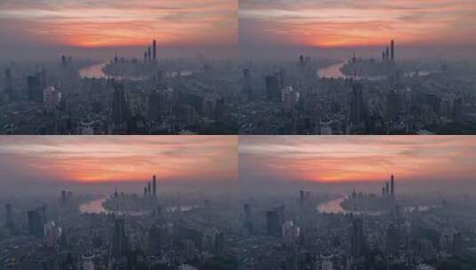 最新上海地标建筑朝霞似火航拍4K高清在线视频素材下载