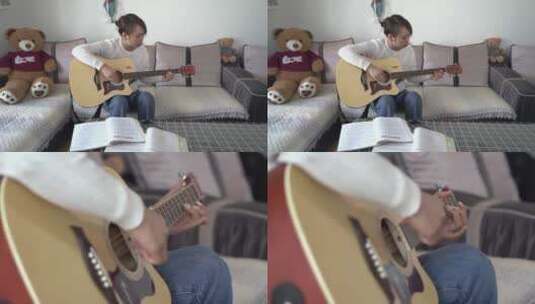 4K美女居家沙发学习弹吉他手部特写乐器2高清在线视频素材下载