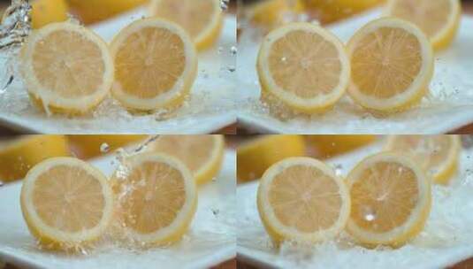 水滴滴落在柠檬上的特写镜头高清在线视频素材下载