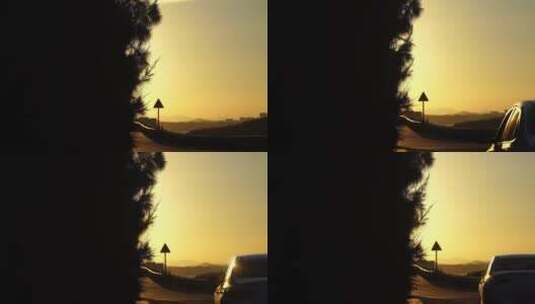 傍晚夕阳公路行驶的汽车黄昏意境空镜逆光高清在线视频素材下载