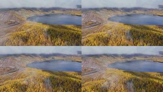 秋天的阿尔山原始森林湖泊航拍高清在线视频素材下载