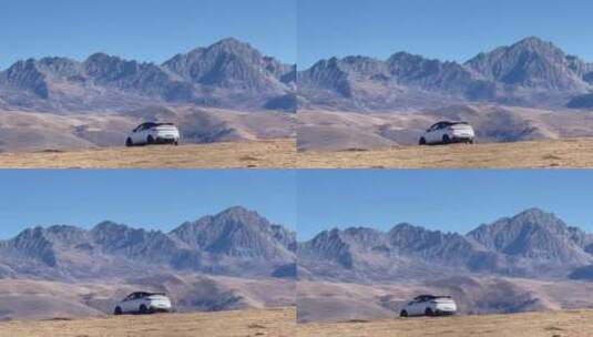 枯黄草原行驶的白色车辆中景高清在线视频素材下载